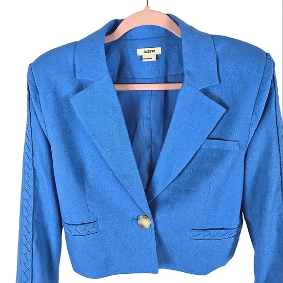Jason Wu Cropped Braided Linen Blend  Blue Blazer