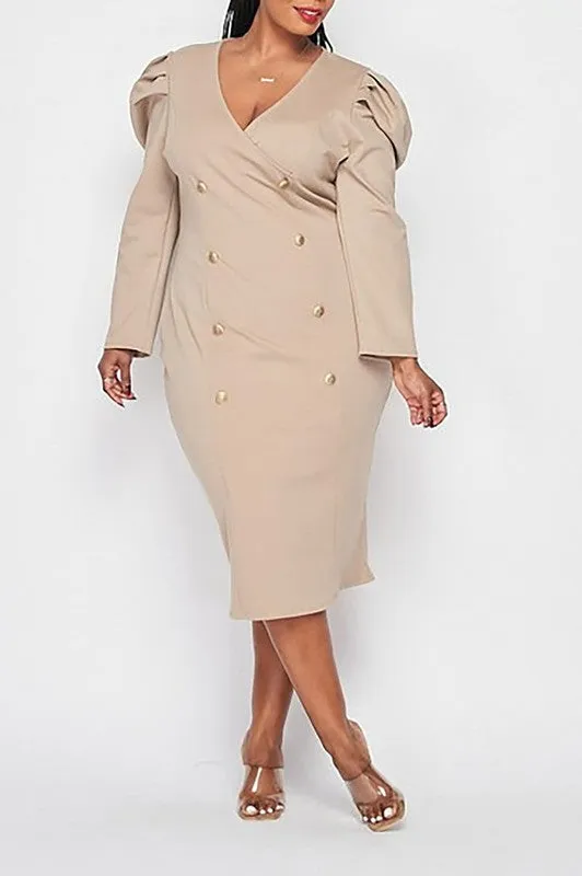 Khaki Military Button Midi Dress - Plus