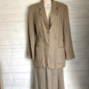 K.T. Kiyoko Takase Size U.S.14 100% Flax Linen Tan Skirt Suit