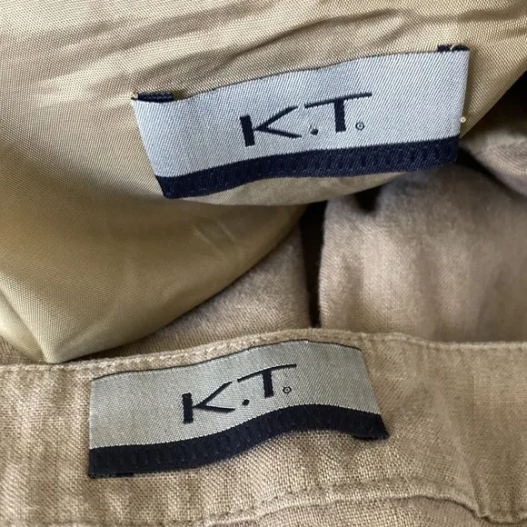K.T. Kiyoko Takase Size U.S.14 100% Flax Linen Tan Skirt Suit