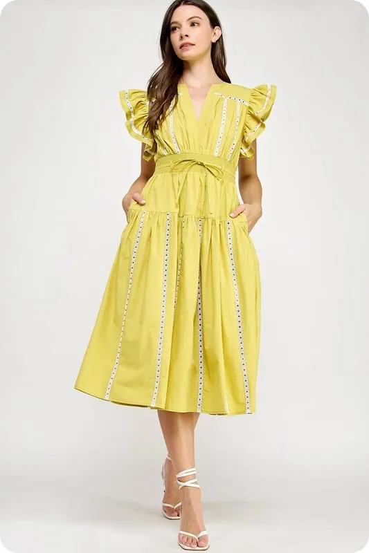 Lace trim flutter sleeve midi dress (Preorder)