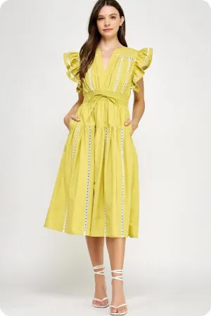 Lace trim flutter sleeve midi dress (Preorder)
