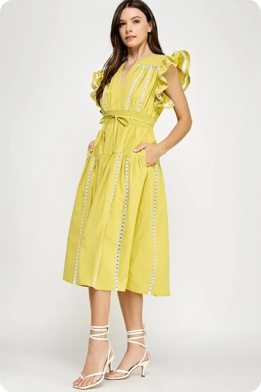 Lace trim flutter sleeve midi dress (Preorder)