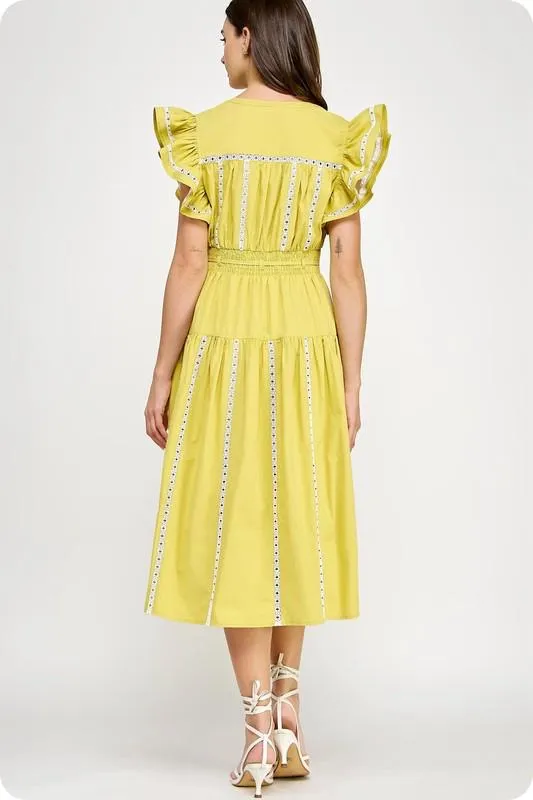 Lace trim flutter sleeve midi dress (Preorder)