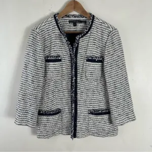 Lafayette 148 White Blue fringe Tweed Cotton Silk Blazer Jacket Size 14 Career
