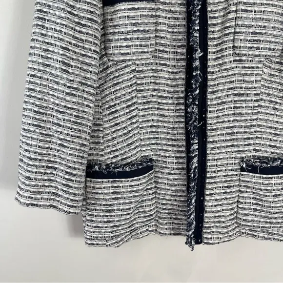 Lafayette 148 White Blue fringe Tweed Cotton Silk Blazer Jacket Size 14 Career