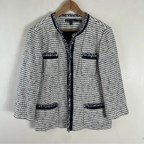 Lafayette 148 White Blue fringe Tweed Cotton Silk Blazer Jacket Size 14 Career
