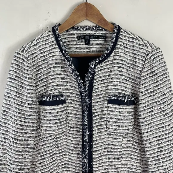 Lafayette 148 White Blue fringe Tweed Cotton Silk Blazer Jacket Size 14 Career
