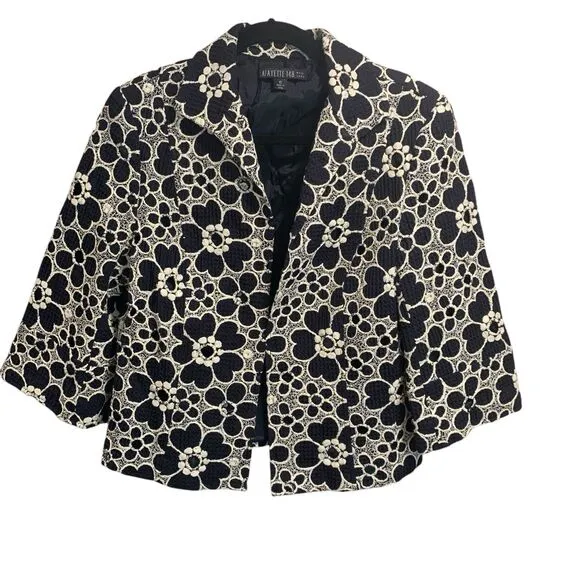 Lafayette 148 Womens Embroidered Floral Cutout 3/4 Sleeve Navy Blue Blazer 12