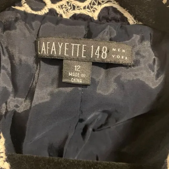 Lafayette 148 Womens Embroidered Floral Cutout 3/4 Sleeve Navy Blue Blazer 12