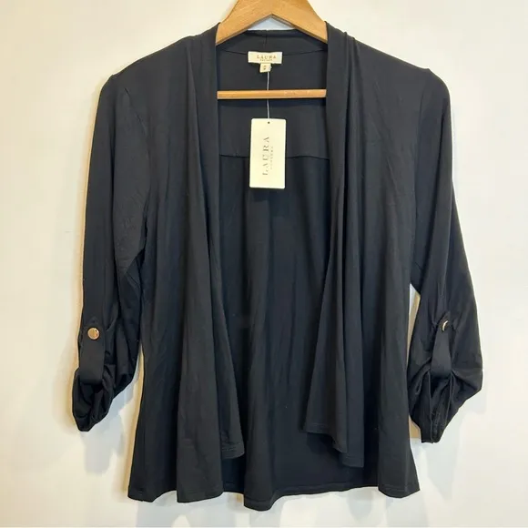 Laura Button Detail Cascade Detail Open Front Cardigan Sweater Black