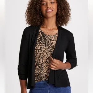 Laura Button Detail Cascade Detail Open Front Cardigan Sweater Black