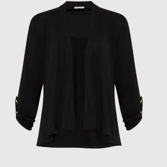 Laura Button Detail Cascade Detail Open Front Cardigan Sweater Black