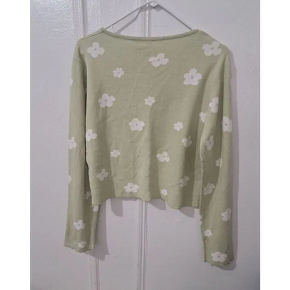 LELIS Womens Large SAGE GREEN EVERYDAY Cardigan Sweater Semi- Cropped Cotton