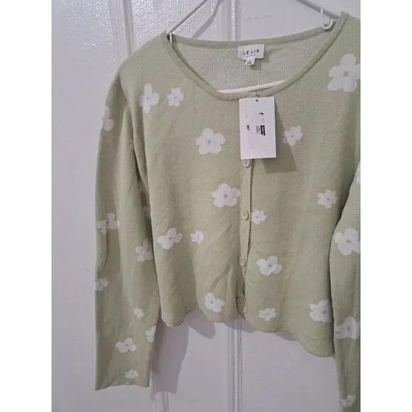 LELIS Womens Large SAGE GREEN EVERYDAY Cardigan Sweater Semi- Cropped Cotton