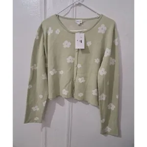 LELIS Womens Large SAGE GREEN EVERYDAY Cardigan Sweater Semi- Cropped Cotton