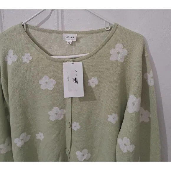 LELIS Womens Large SAGE GREEN EVERYDAY Cardigan Sweater Semi- Cropped Cotton