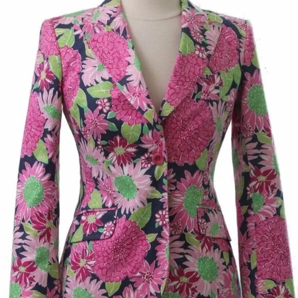 Lilly Pulitzer Pink Floral Cotton Blend Blazer 10