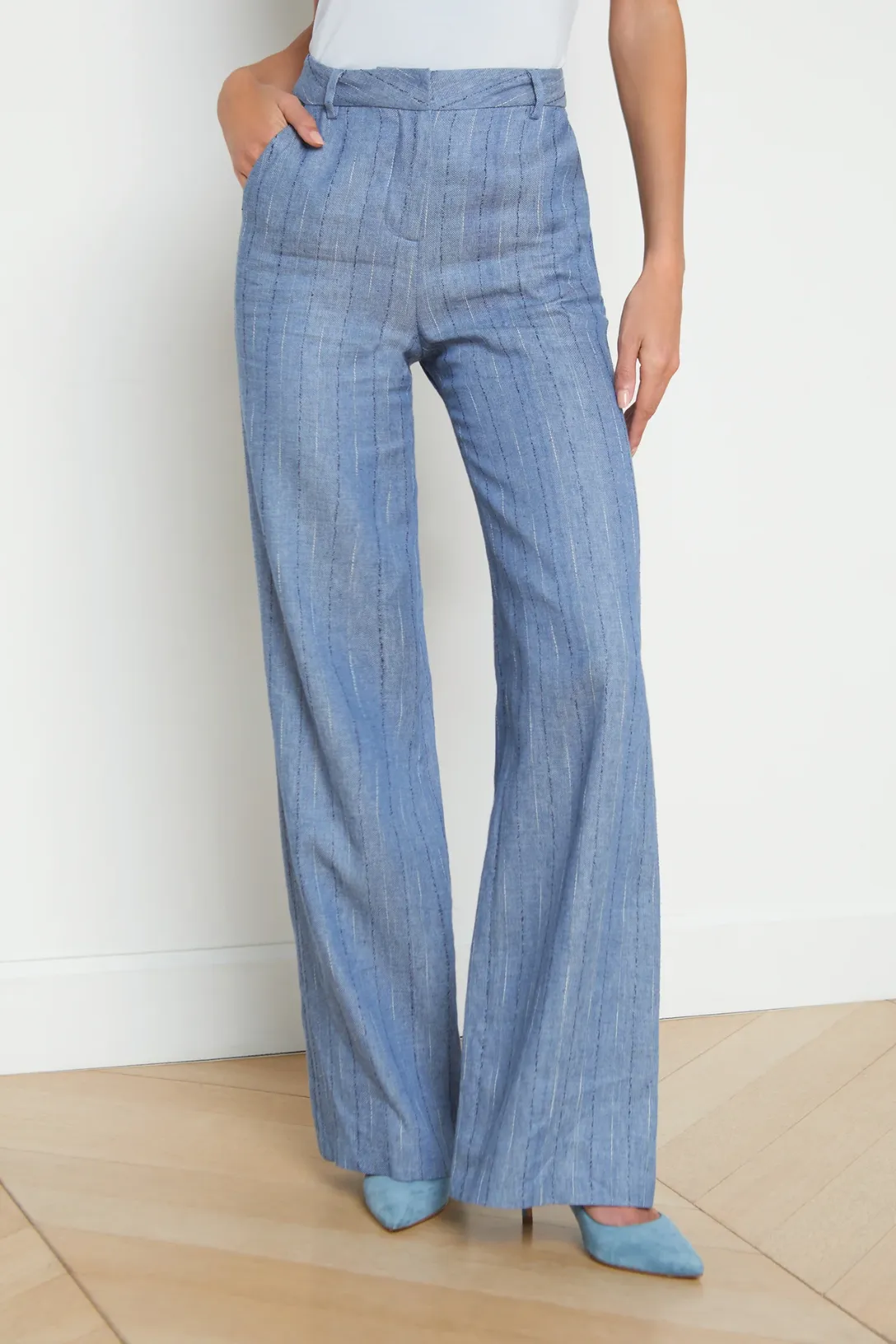 Livvy Straight Leg Trouser | Slate Blue Pinstripe