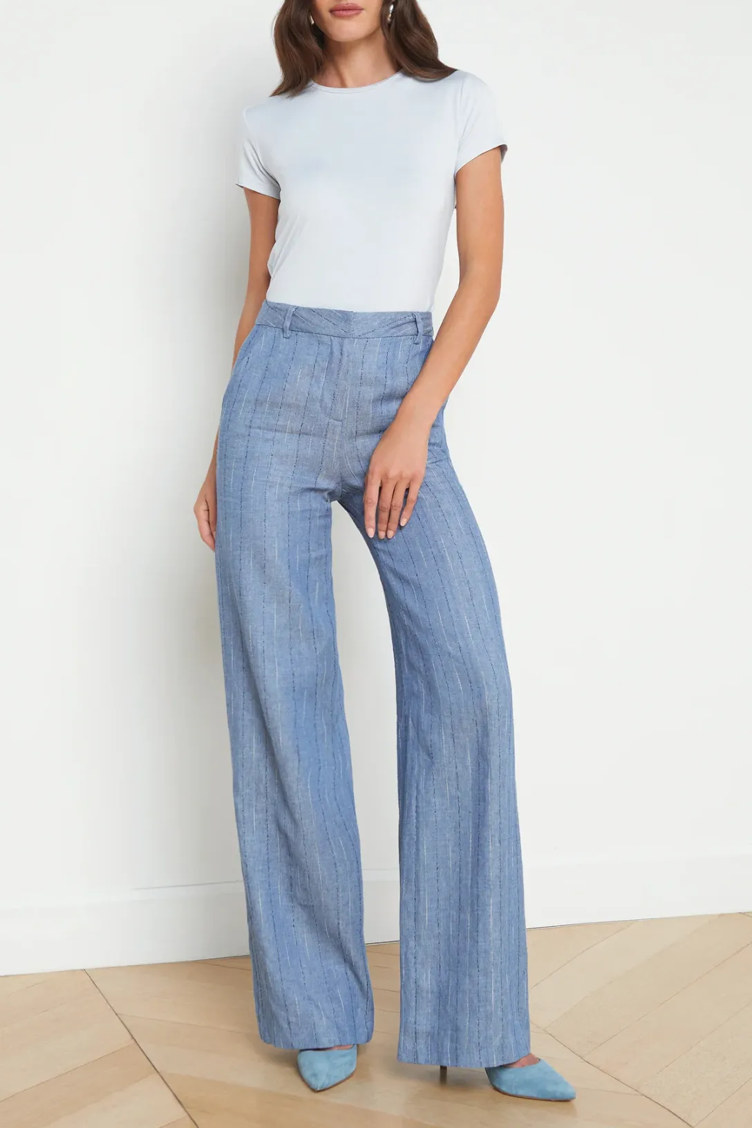 Livvy Straight Leg Trouser | Slate Blue Pinstripe