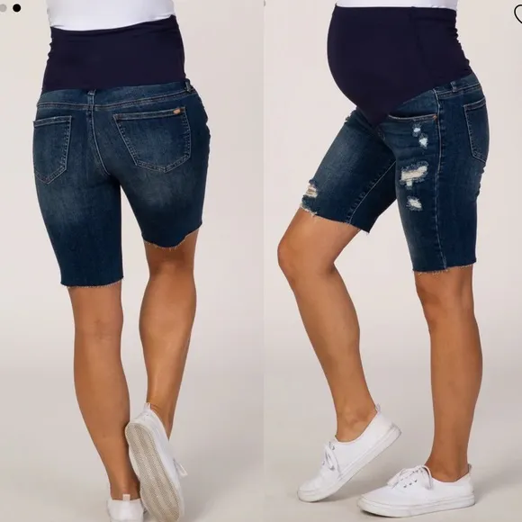 LPinkBlush Blue Distressed Maternity Full Panel Bermuda Raw Hem Shorts
