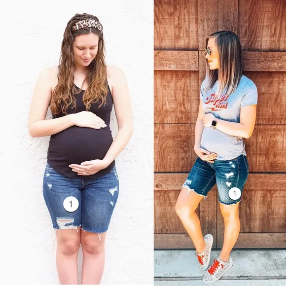 LPinkBlush Blue Distressed Maternity Full Panel Bermuda Raw Hem Shorts