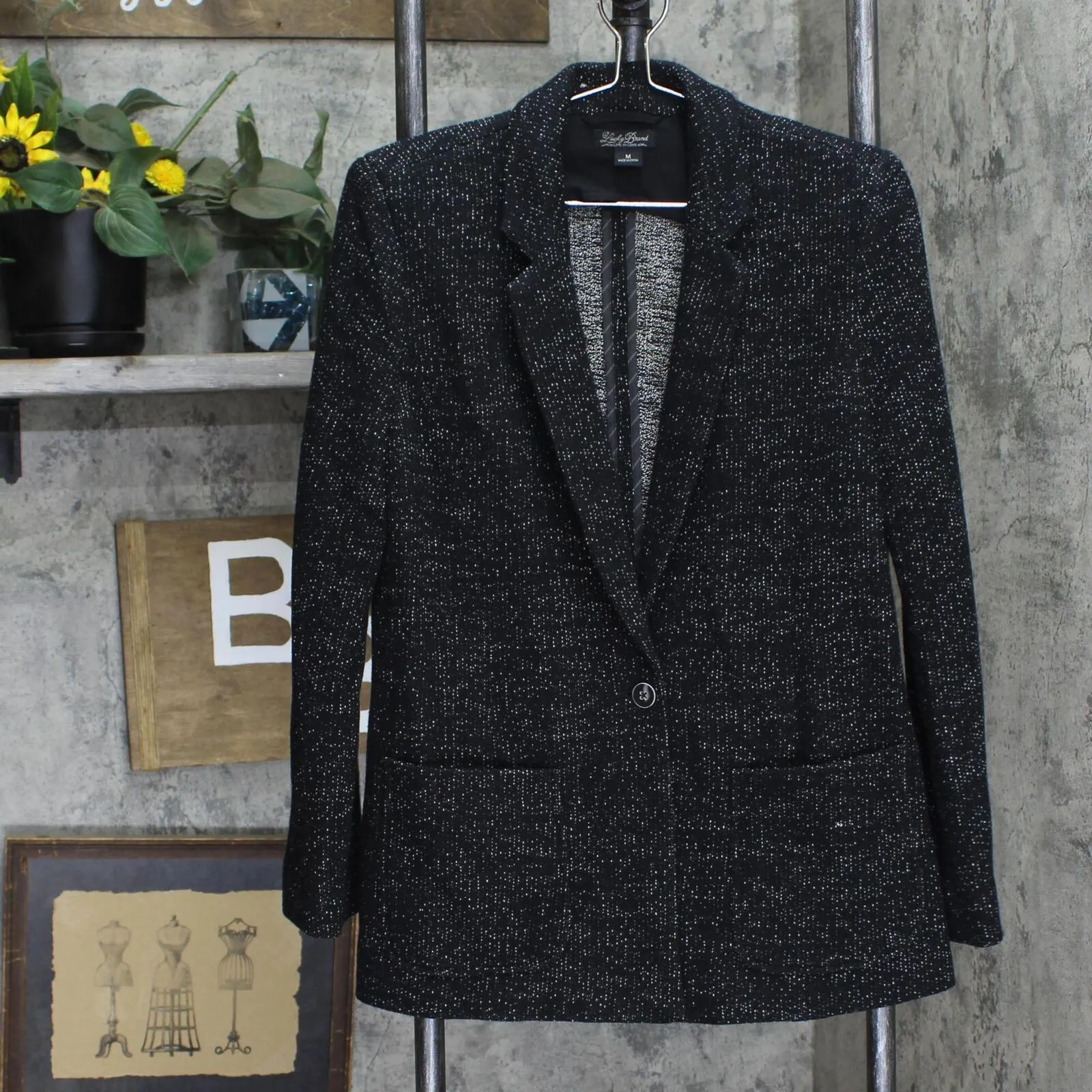 Lucky Brand Womens Textured 1 Button Knit Sweater Blazer Jacket Black / White M