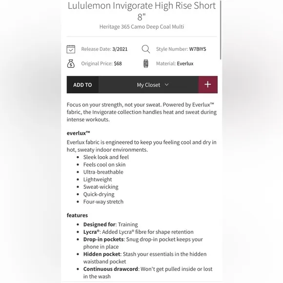Lululemon Invigorate High Rise 8” Shorts Camo Print With Pockets Size 4