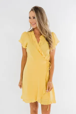 Made To Be Mine Ruffle Wrap Dress- Yellow