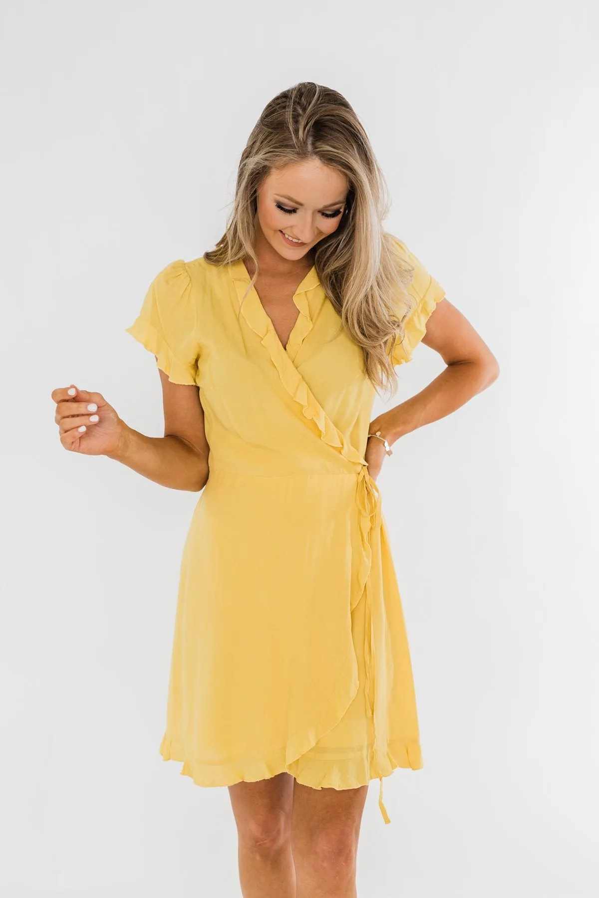 Made To Be Mine Ruffle Wrap Dress- Yellow