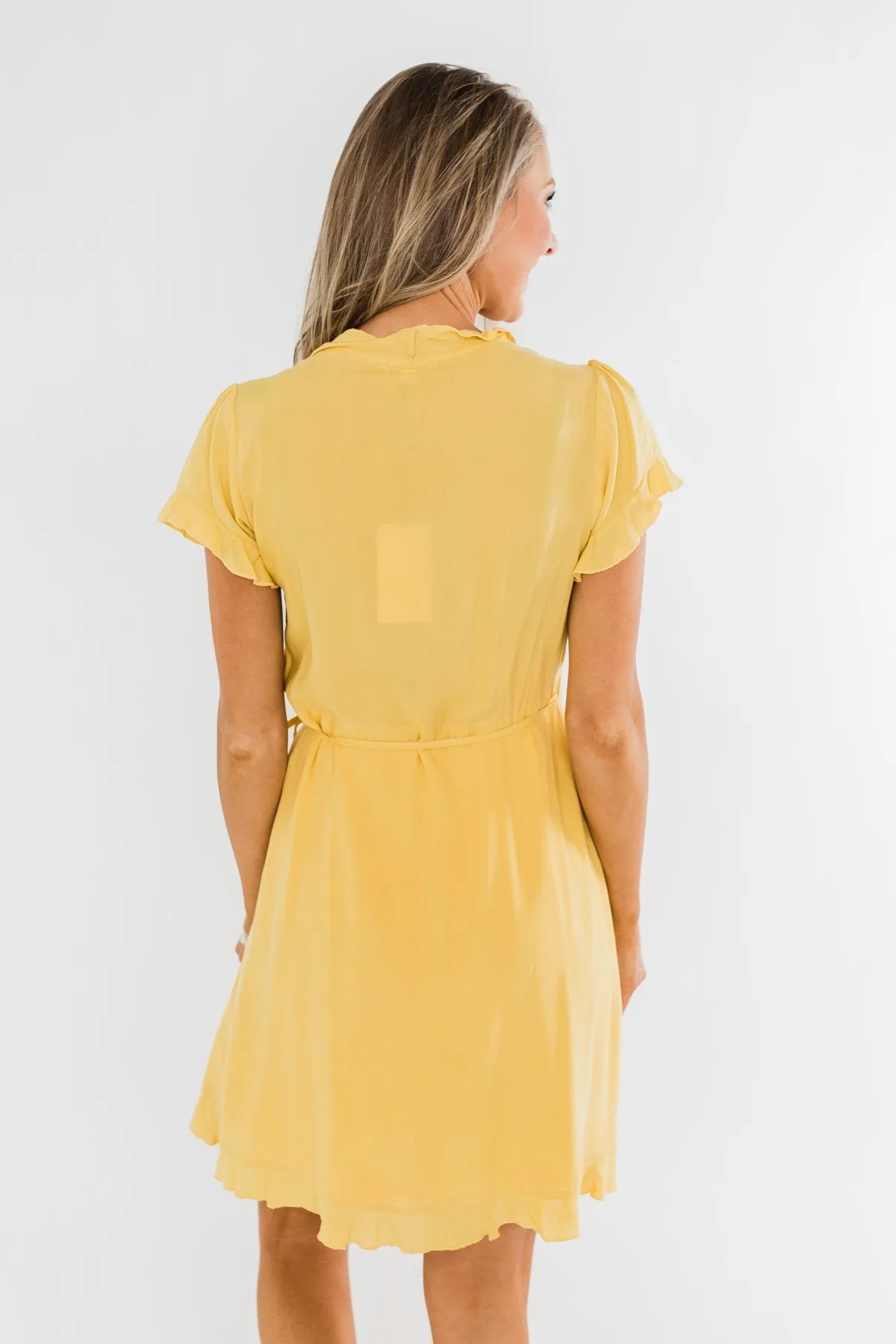 Made To Be Mine Ruffle Wrap Dress- Yellow