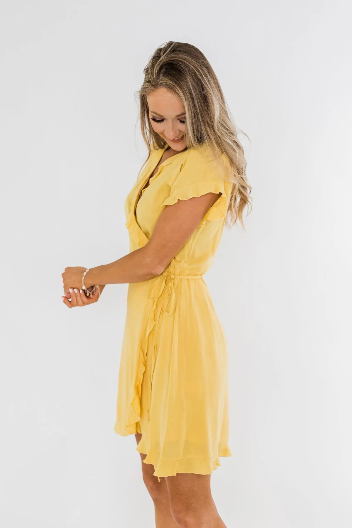Made To Be Mine Ruffle Wrap Dress- Yellow