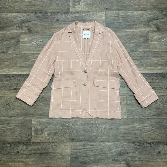 Madewell Breezewoven Larsen Blazer in Windowpane Sandstone Linen Size Small