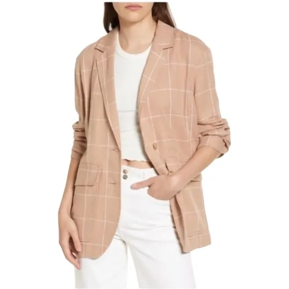 Madewell Breezewoven Larsen Blazer in Windowpane Sandstone Linen Size Small
