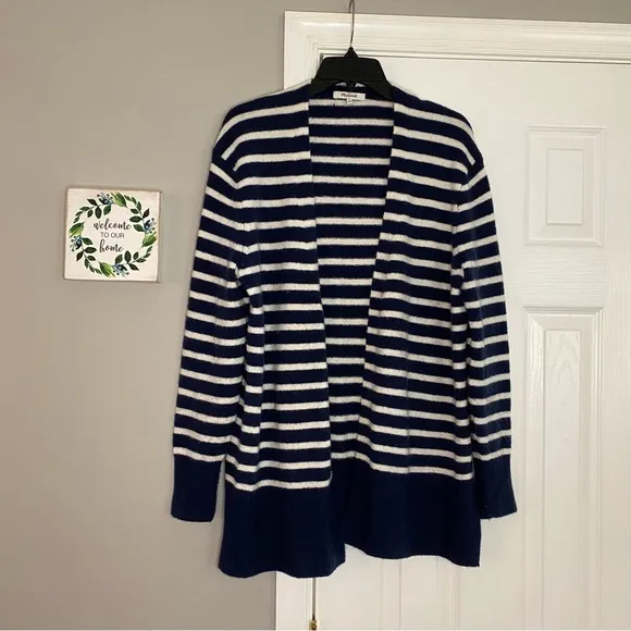 Madewell Cozy Short Walker Striped Cardigan Sweater Blue White Small Wool Alpaca
