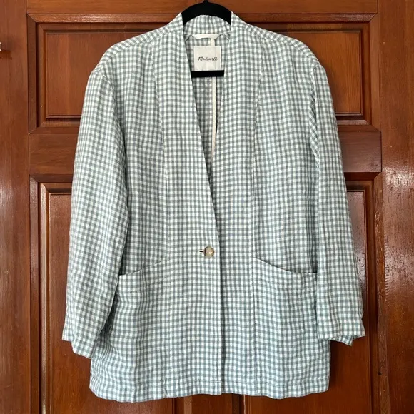 Madewell Linen Collarless Blazer in Gingham Check