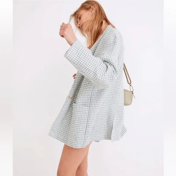 Madewell Linen Collarless Blazer in Gingham Check