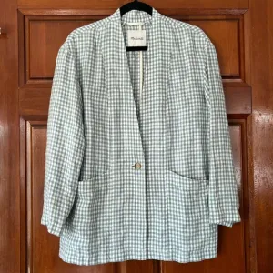 Madewell Linen Collarless Blazer in Gingham Check