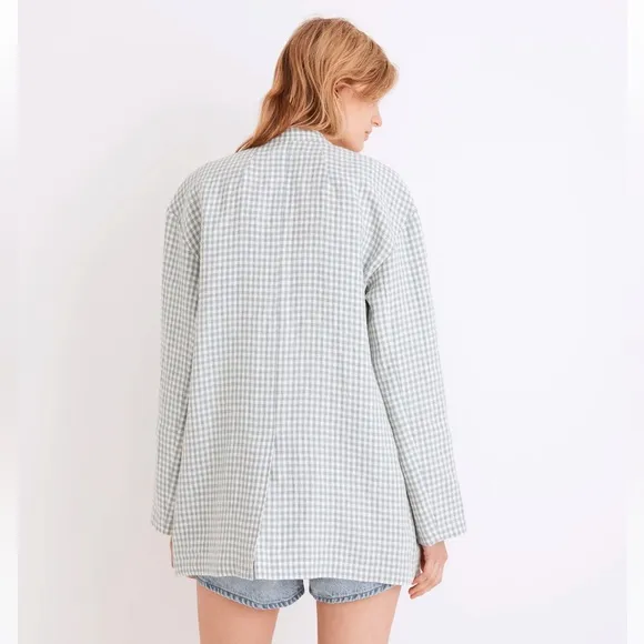 Madewell Linen Collarless Blazer in Gingham Check