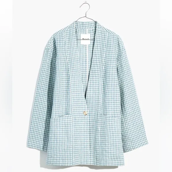 Madewell Linen Collarless Blazer in Gingham Check