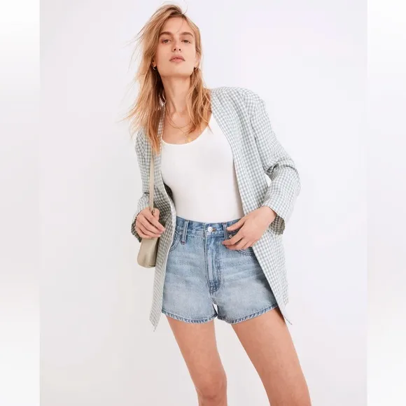 Madewell Linen Collarless Blazer in Gingham Check