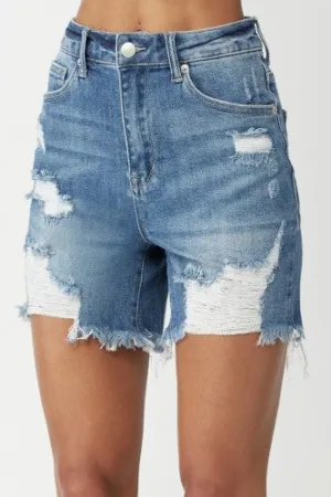 Medium Wash High Rise Distressed Mid Thigh Shorts