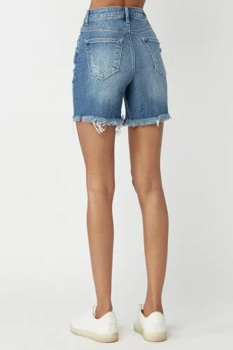 Medium Wash High Rise Distressed Mid Thigh Shorts