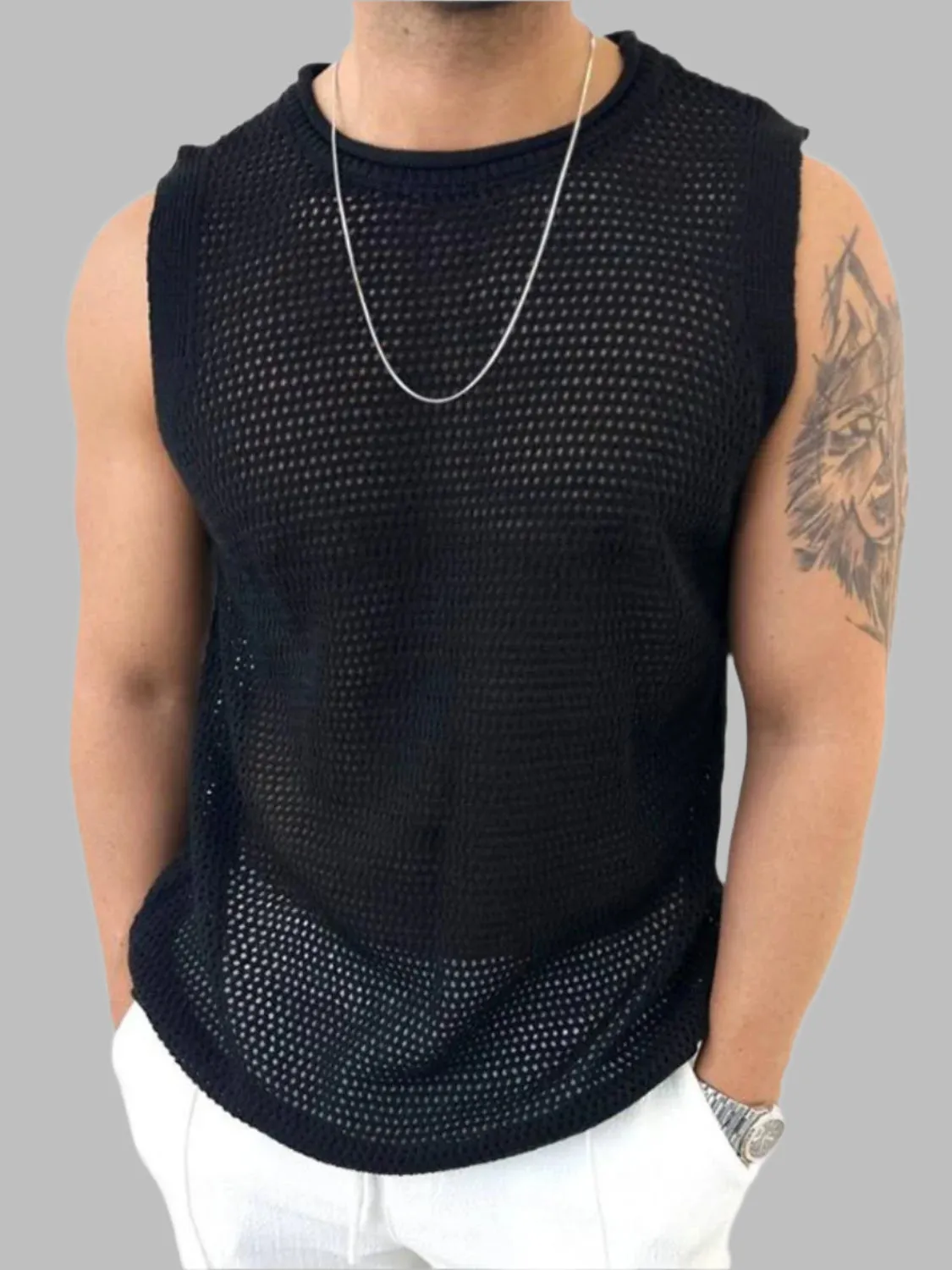 Men's Openwork Round Neck Sleeveless Knit Top