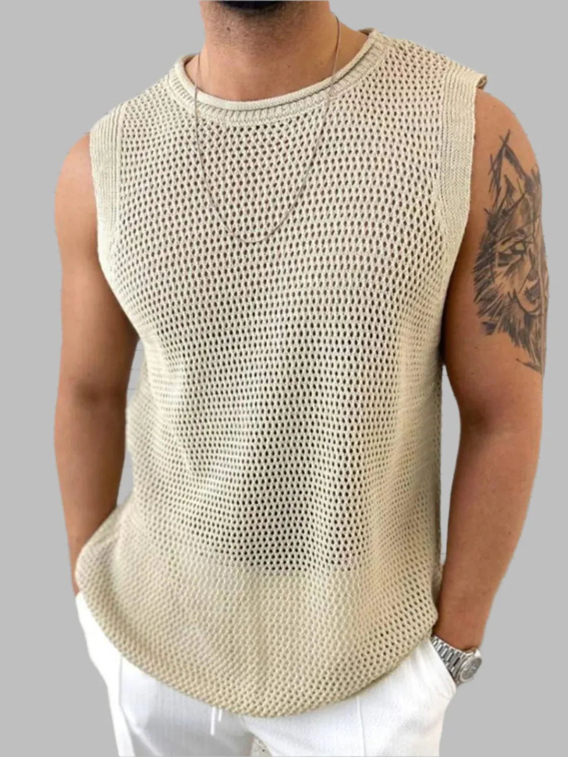 Men's Openwork Round Neck Sleeveless Knit Top