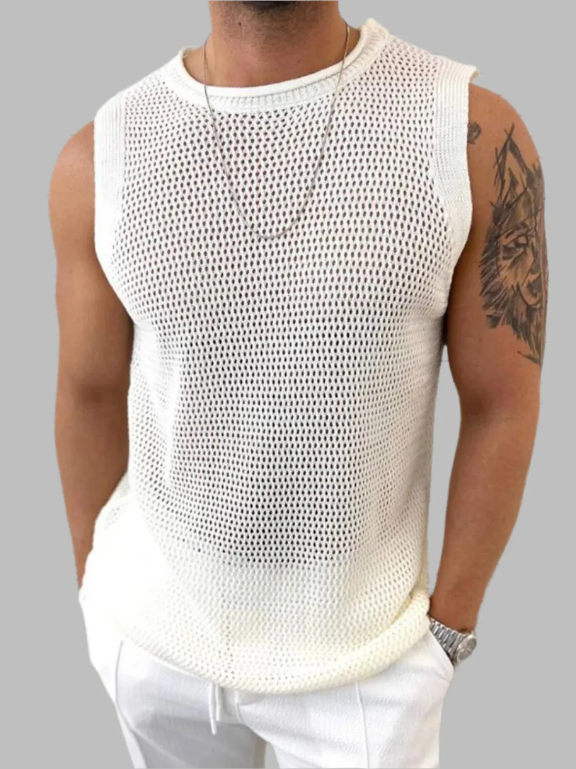 Men's Openwork Round Neck Sleeveless Knit Top