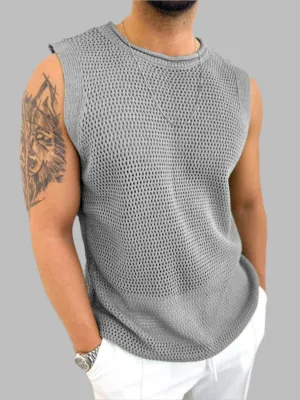 Men's Openwork Round Neck Sleeveless Knit Top