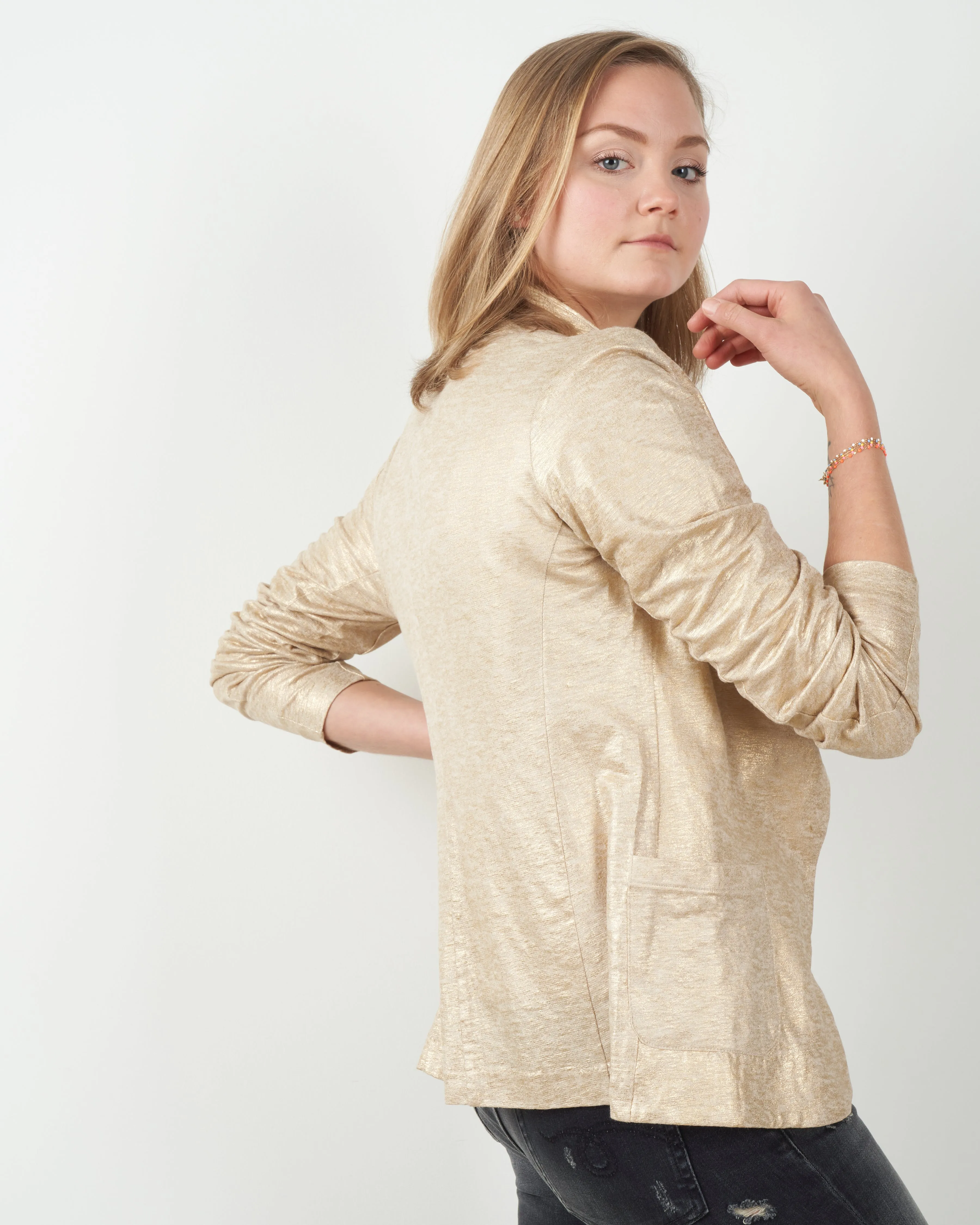 metallic one button blazer - golden sand