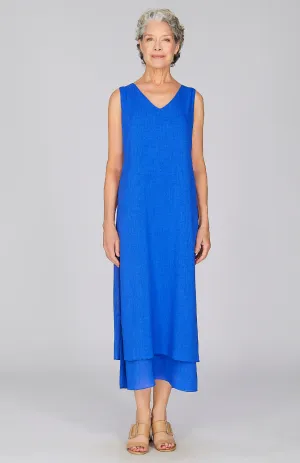 Microlinen Double Layer V Neck Dress Electric Blue