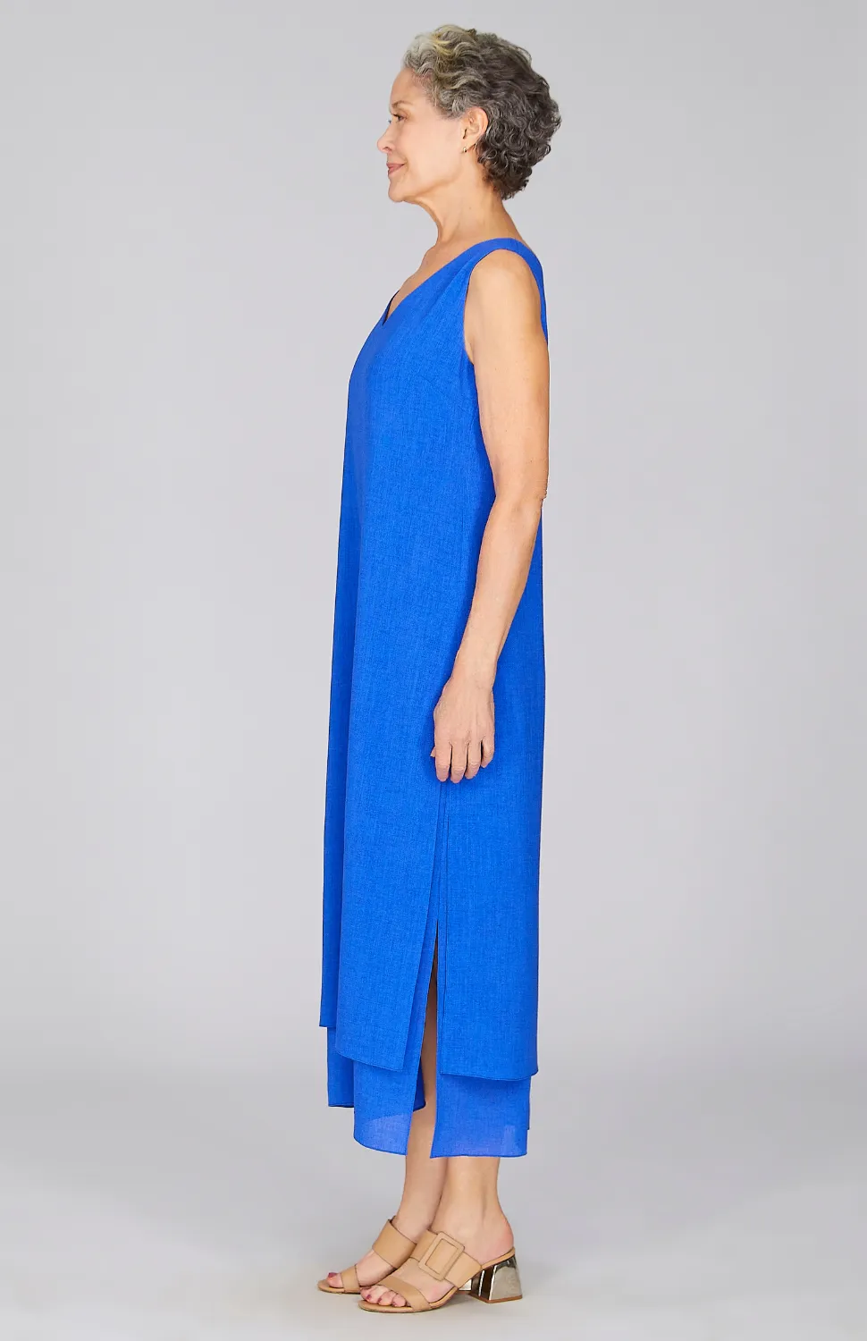 Microlinen Double Layer V Neck Dress Electric Blue